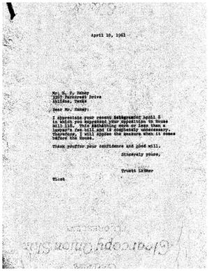 [Letter from H. P. Haney to Truett Latimer, April 10, 1961]