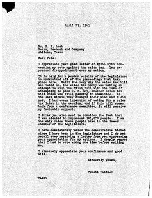[Letter from Truett Latimer to R. P. Lack, April 27, 1961]