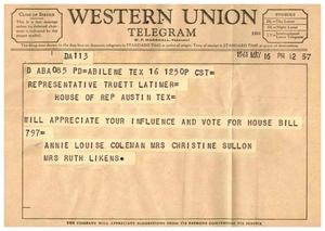 [Letter from Annie Louise Coleman, Mrs. Christine Sullon and Mrs. Ruth Likens to Truett Latimer, May 16, 1961]