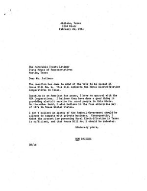[Letter from Don Bridges to Truett Latimer, February 22, 1961]