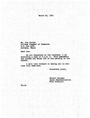 [Letter from Truett Latimer to Joe Cooley, March 29, 1961]