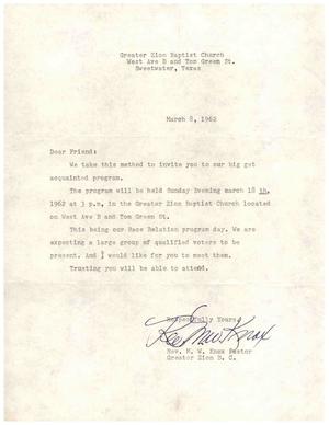 [Letter from M. W. Knox to Truett Latimer, March 8, 1962]