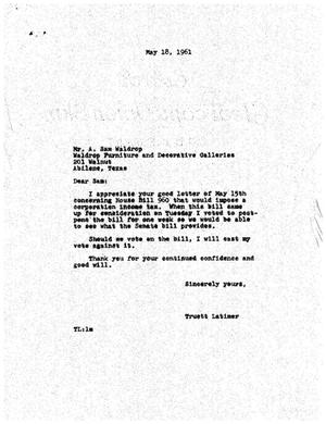 [Letter from Truett Latimer to A. Sam Waldrop, May 18, 1961]