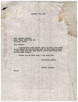 [Letter from Truett Latimer to Eudora Hawkins, January 19, 1961]