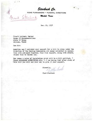 [Letter from Fred Starbuck to Truett Latimer, December 22, 1958]