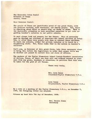 [Letter from Taylor Elementary School P.T.A. to Price Daniel, December 7, 1959]
