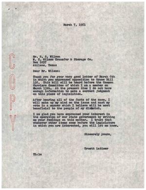[Letter from Truett Latimer to R. S. Wilson, March 7, 1961]