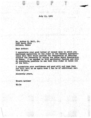 Primary view of object titled '[Letter from Truett Latimer to Arthur E. Hall, Jr., July 13, 1961]'.
