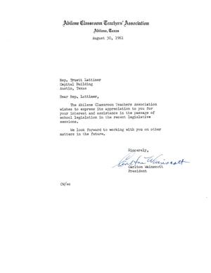 [Letter from Carlton Wainscott to Truett Latimer, August 30, 1961]