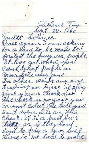 [Letter from Mrs. Tina Williams to Truett Latimer, September 28, 1960]
