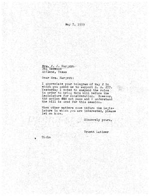 [Letter from Truett Latimer to Mrs. J. J. Hargett, May 7, 1959]