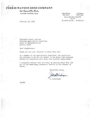 [Letter from J. M. Dickson to Truett Latimer, February 16, 1959]