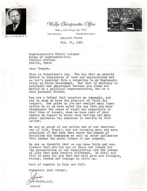 [Letter from J. A. Wolfe to Truett Latimer, February 14, 1961]