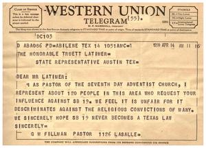 [Letter from G. M. Fillman to Truett Latimer, April 14, 1959]