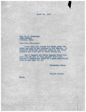 [Letter from Truett Latimer to Mrs. K. A. Etheridge, March 22, 1961]