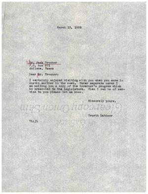 Primary view of object titled '[Letter from Truett Latimer to Jack Treanor, March 13, 1959]'.