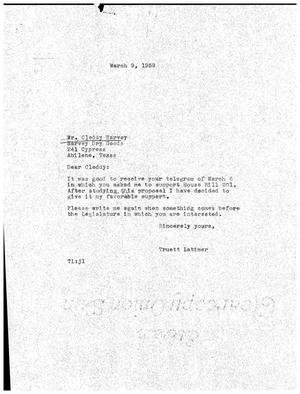 [Letter from Truett Latimer to Cleddy Harvey, March 9, 1959]