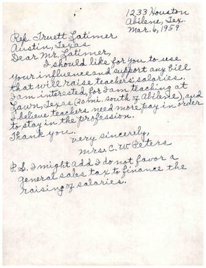 [Letter from Mrs. C. W. Peters to Truett Latimer, March 6, 1959]