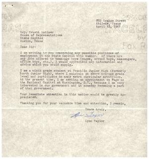 [Letter from Lynn Taylor to Truett Latimer, April 12, 1961]