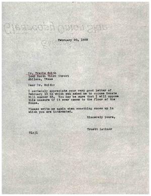 [Letter from Truett Latimer to Travis Smith, February 20, 1959]
