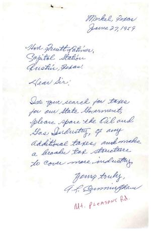[Letter from A. L. Cunningham to Truett Latimer, June 27, 1959]