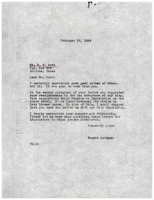 [Letter from Truett Latimer to B. F. Horn, February 18, 1959]