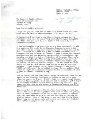[Letter from Mrs. Dale C. Hesser to Truett Latimer, April 8, 1961]