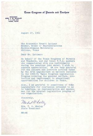 [Letter from Mrs. T. W. Whaley to Truett Latimer, August 17, 1961]