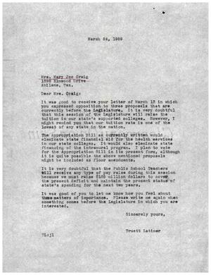 [Letter from Truett Latimer to Mrs. Mary Joe Craig, March 24, 1959]