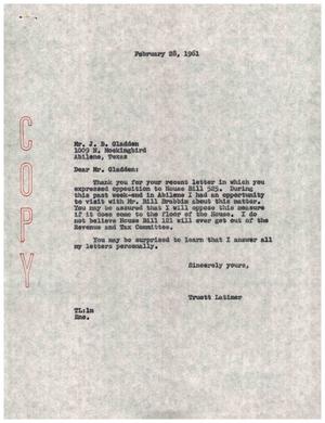 [Letter from Truett Latimer to J. B. Gladden, February 28, 1961]