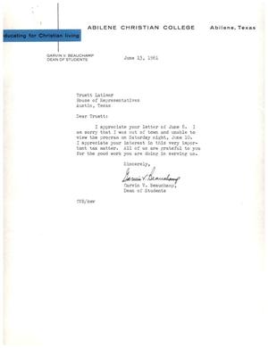 [Letter from Garvin V. Beauchamp to Truett Latimer, June 13, 1961]