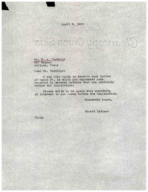 [Letter from Truett Latimer to W. A. Turnidge, April 9, 1959]