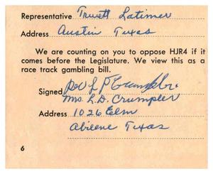 [Postcard from Mr. and Mrs. L. P. Crumpler to Truett Latimer, 1961]