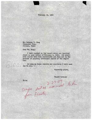 [Letter from Truett Latimer to Letcher D. King, February 18, 1959]