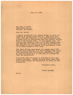Primary view of object titled '[Letter from Truett Lamer to Paul H. Scott, June 10, 1959]'.