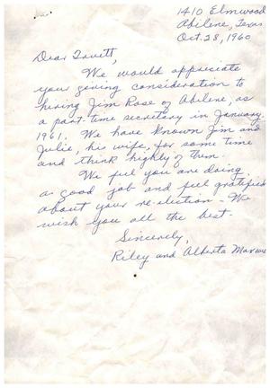 [Letter from Riley and Alberta Maxwell to Truett Latimer, October 28, 1960]
