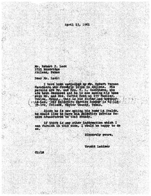 [Letter from Truett Latimer to Robert P. Lack, April 13, 1961]