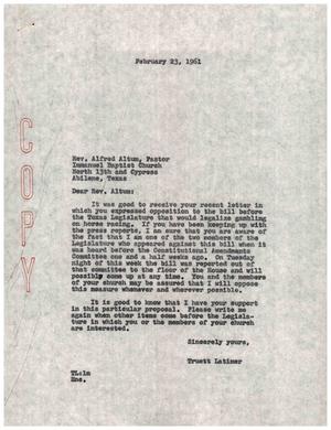[Letter from Truett Latimer to Alfred Altum, February 23, 1961]