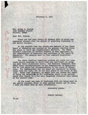 [Letter from Truett Latimer to Mrs. Selma L. Bishop, February 2, 1961]