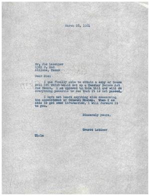 [Letter from Truett Latimer to Joe Lassiter, March 28, 1961]