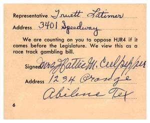[Postcard from Mrs. Hattie M. Culpepper to Truett Latimer, 1961]