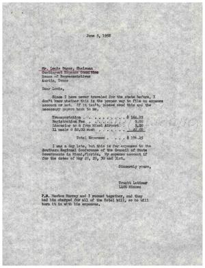 Primary view of object titled '[Letter from Truett Latimer to Louis Dugas, June 5, 1958]'.
