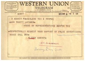 [Telegram from Cleddy Harvey, March 6, 1959]
