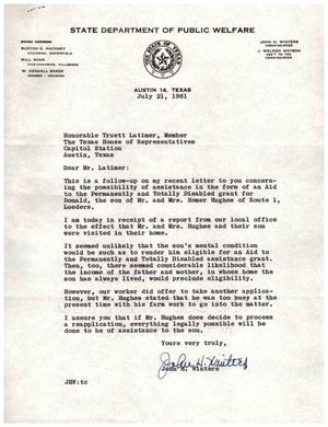 [Letter from John H. Winters to Truett Latimer, July 21, 1961]
