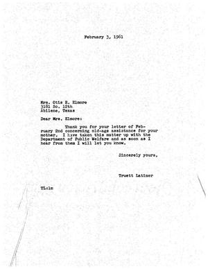 [Letter from Truett Latimer to Otis E. Elmore, February 3, 1961]