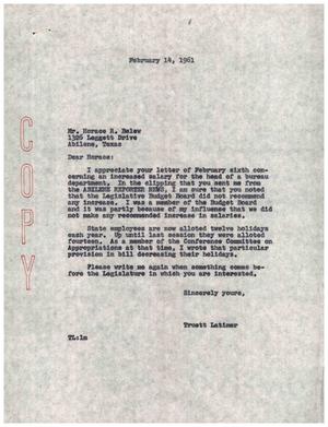 [Letter from Truett Latimer to Horace R. Belew, February 14, 1961]