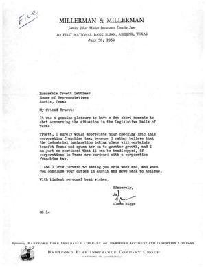 [Letter from Glenn Biggs to Truett Latimer, July 30, 1959]