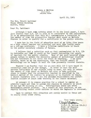 [Letter from Virgil E. Bottom to Truett Latimer, April 19, 1961]