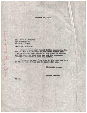 [Letter from Truett Latimer to Jack W. Daniels, January 24, 1961]