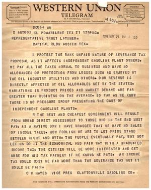 [Telegram from C. W. Hayes to Truett Latimer, May 21, 1959]